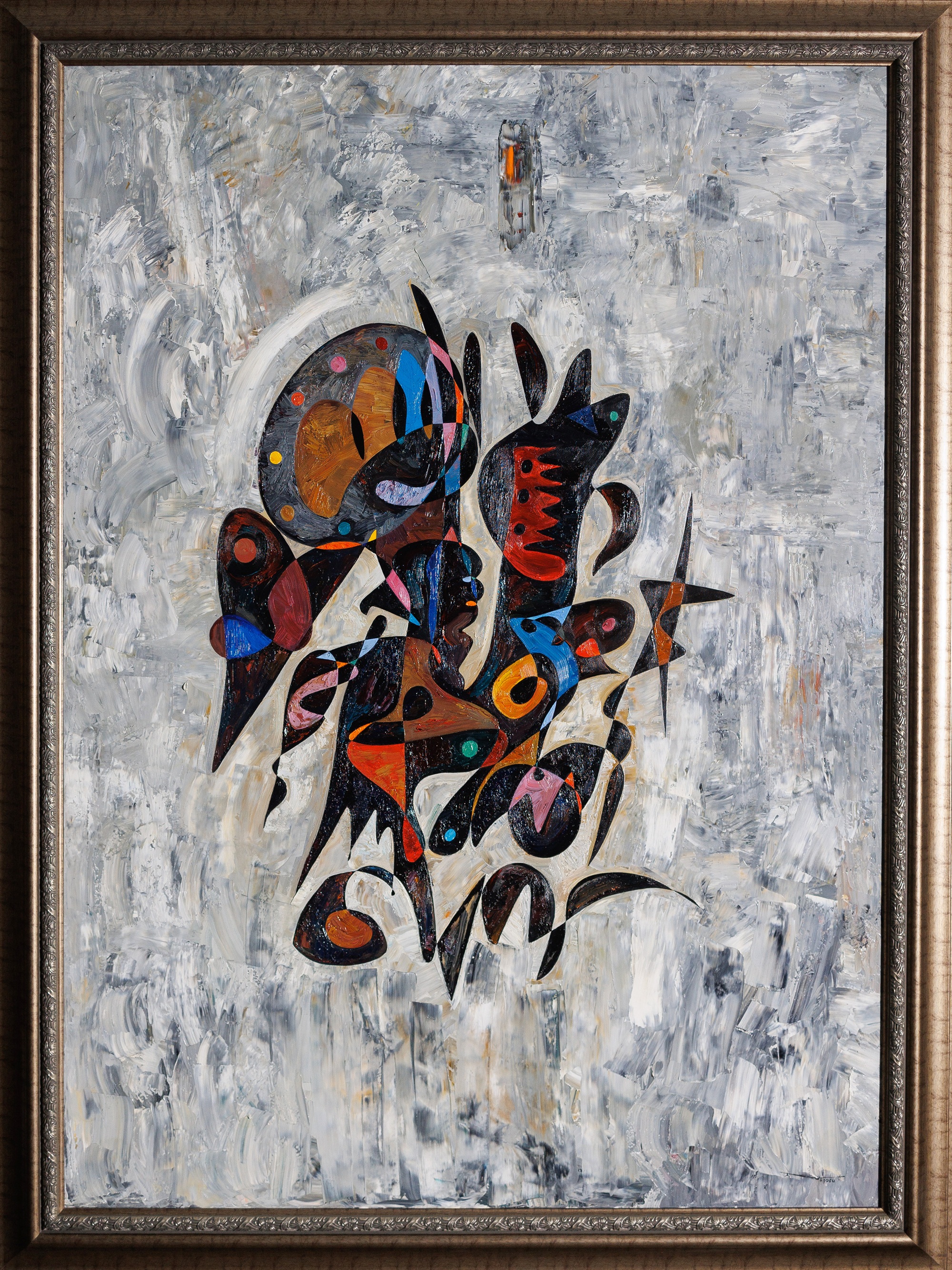 Babylonian Human (2008), abstract painting depicting a stylized human figure inspired by ancient Babylonian forms, with structured composition and symbolic elements