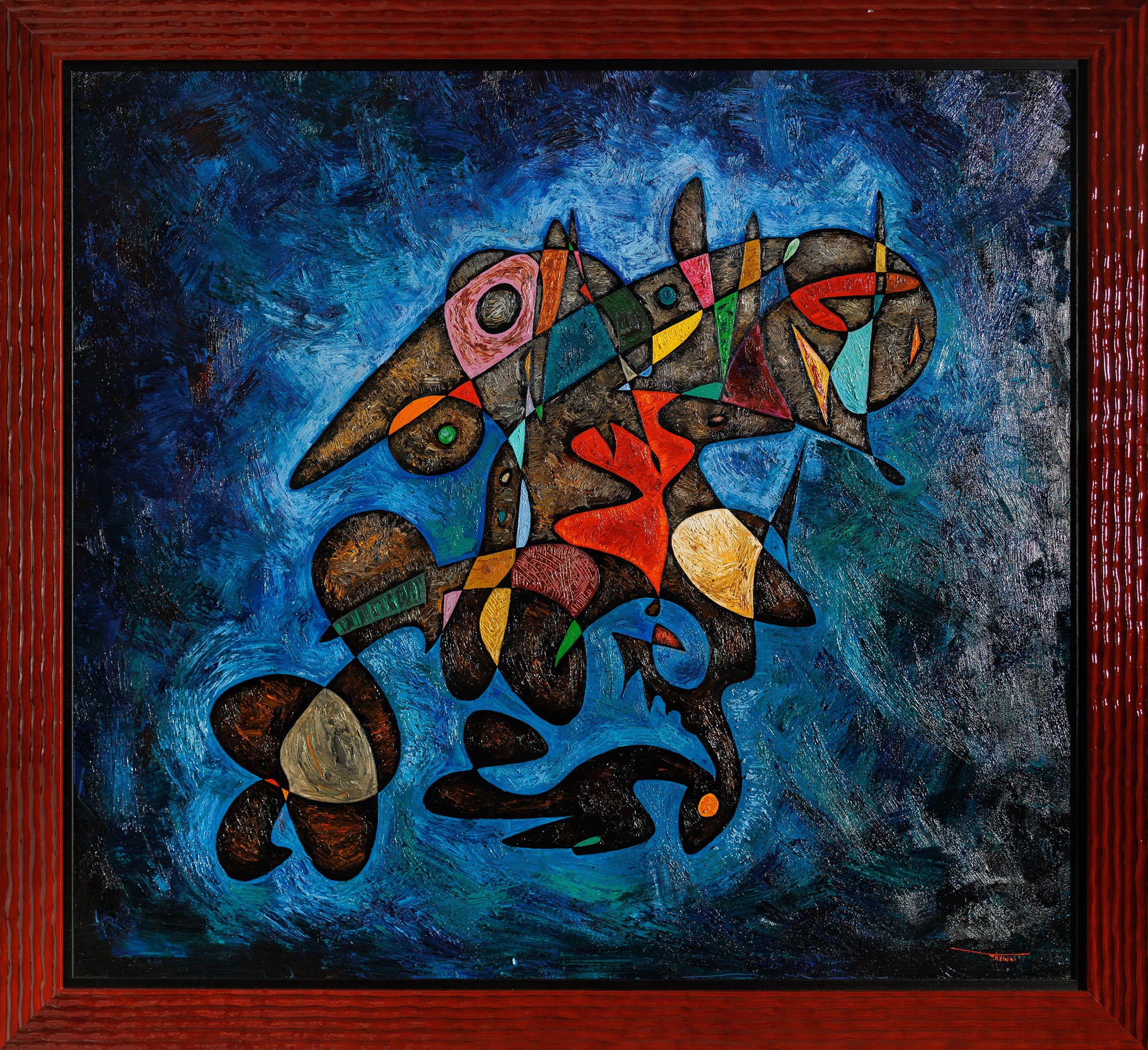 Dreams Rider (2008) by Gheorghe Virtosu — monumental abstract oil painting featuring a hybrid rider-like form composed of geometric and organic structures suspended within a luminous blue environment, symbolizing dreams, consciousness, imagination, and psychological transformation.