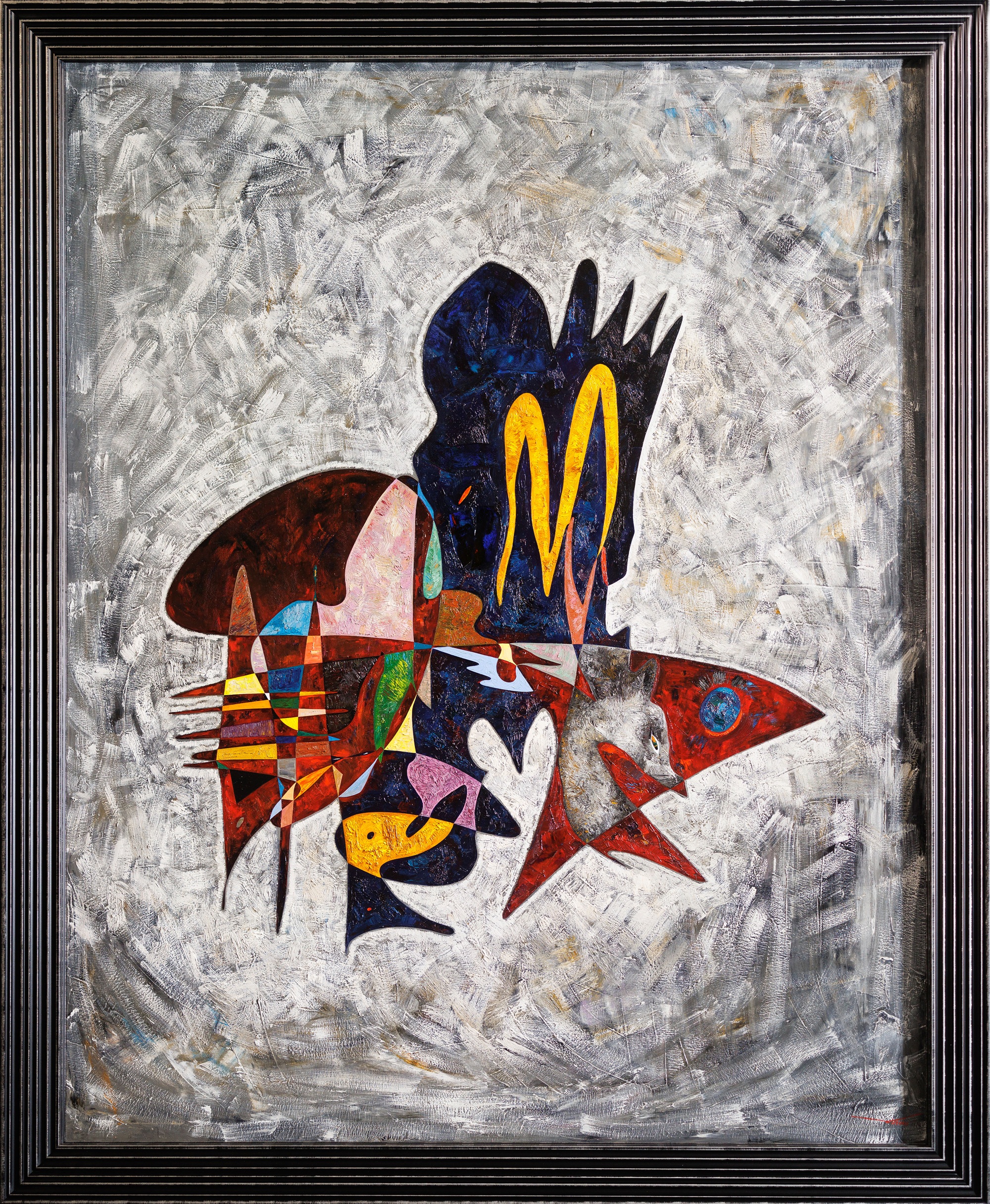Hunter (2017) presents a vertically organised abstract figure constructed from intersecting geometric and biomorphic forms rendered in deep blue, crimson red, yellow, white, and multicoloured segments. Set against a textured grey and white ground, the composition incorporates symbolic animal references, including a fish-like horizontal element and concealed organic forms. Through fragmentation, asymmetry, and chromatic contrast, the painting evokes themes of instinct, pursuit, emergence, and the origins of authority.