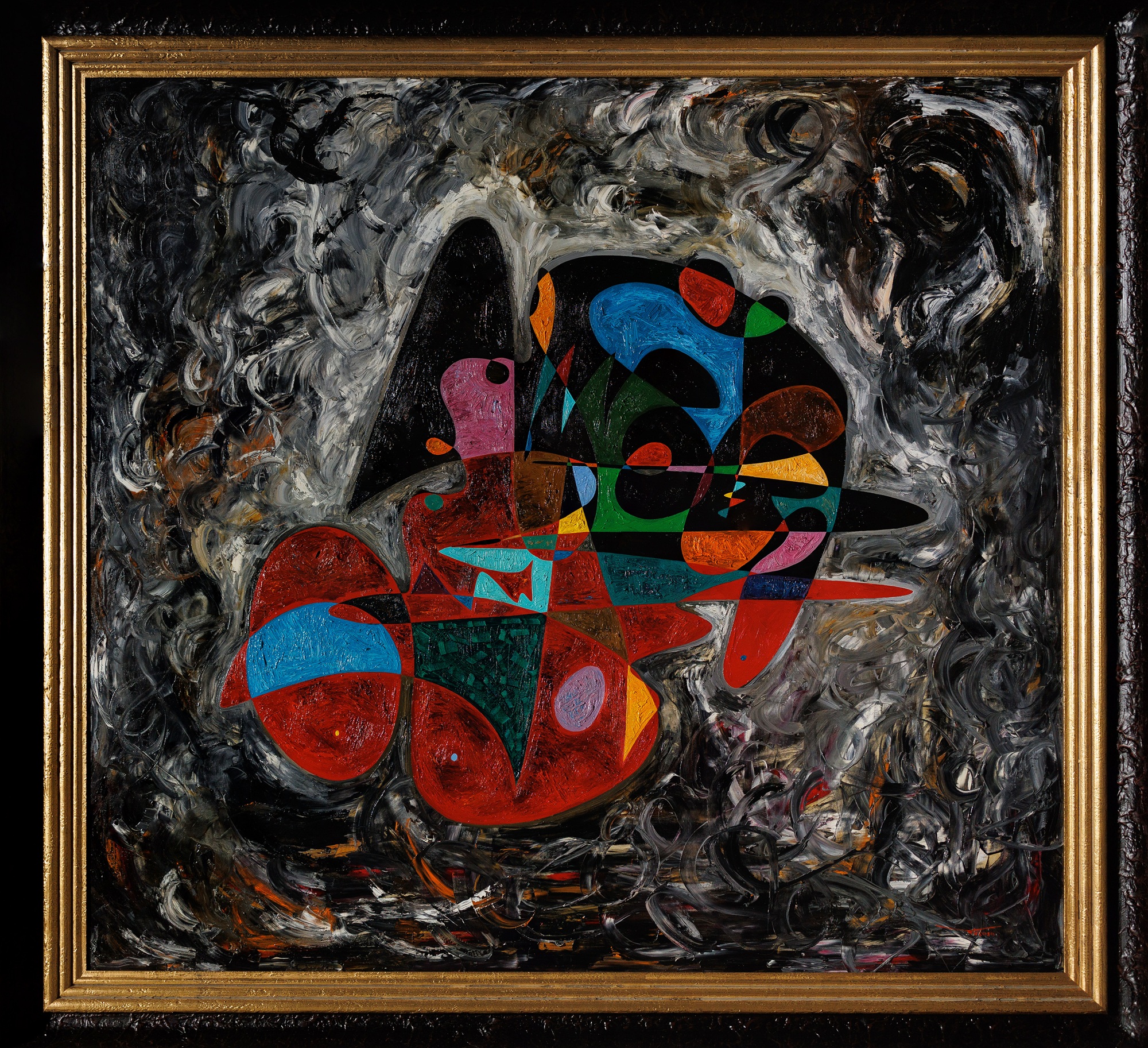 New and Old World Order (2016) by Gheorghe Virtosu. An abstract composition featuring an interconnected central structure of geometric and biomorphic forms rendered in red, blue, green, orange, turquoise, pink, black, and gold. Suspended within a dark portal-like space and surrounded by a turbulent monochromatic field of grey, black, and white brushwork, the painting evokes geopolitical transition, competing systems of authority, historical continuity, emerging global networks, and the evolving architecture of power.